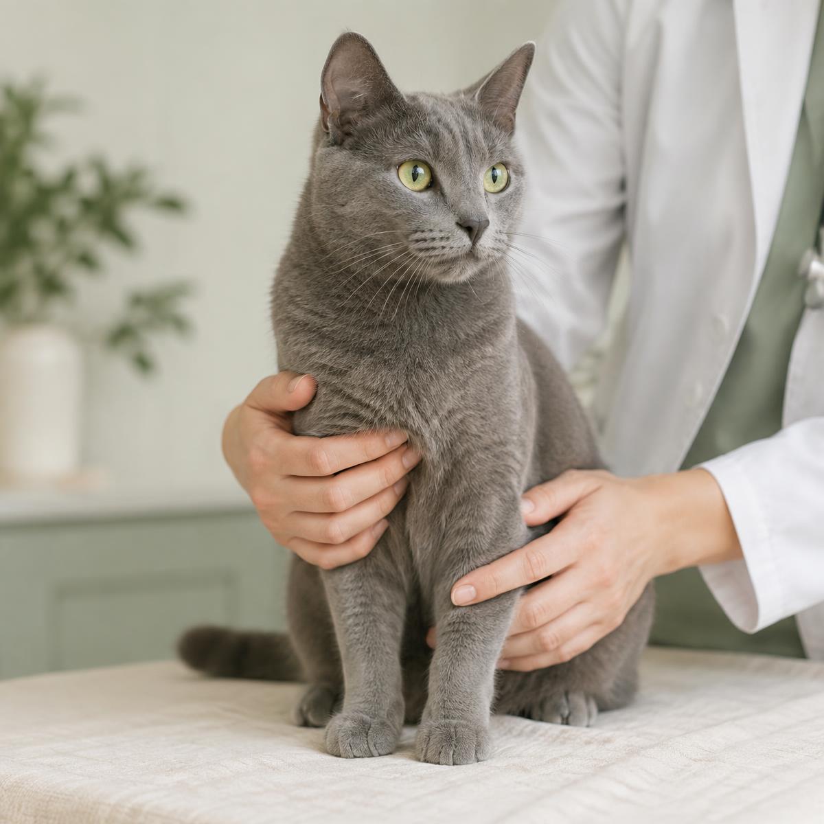 Gato adulto tranquilo durante consulta preventiva